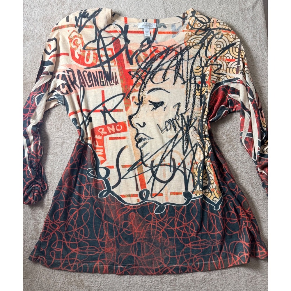 Dressbarn Woman 2X Graffiti Pop Art Face Tunic Top y2K Euro Grunge Streetwear